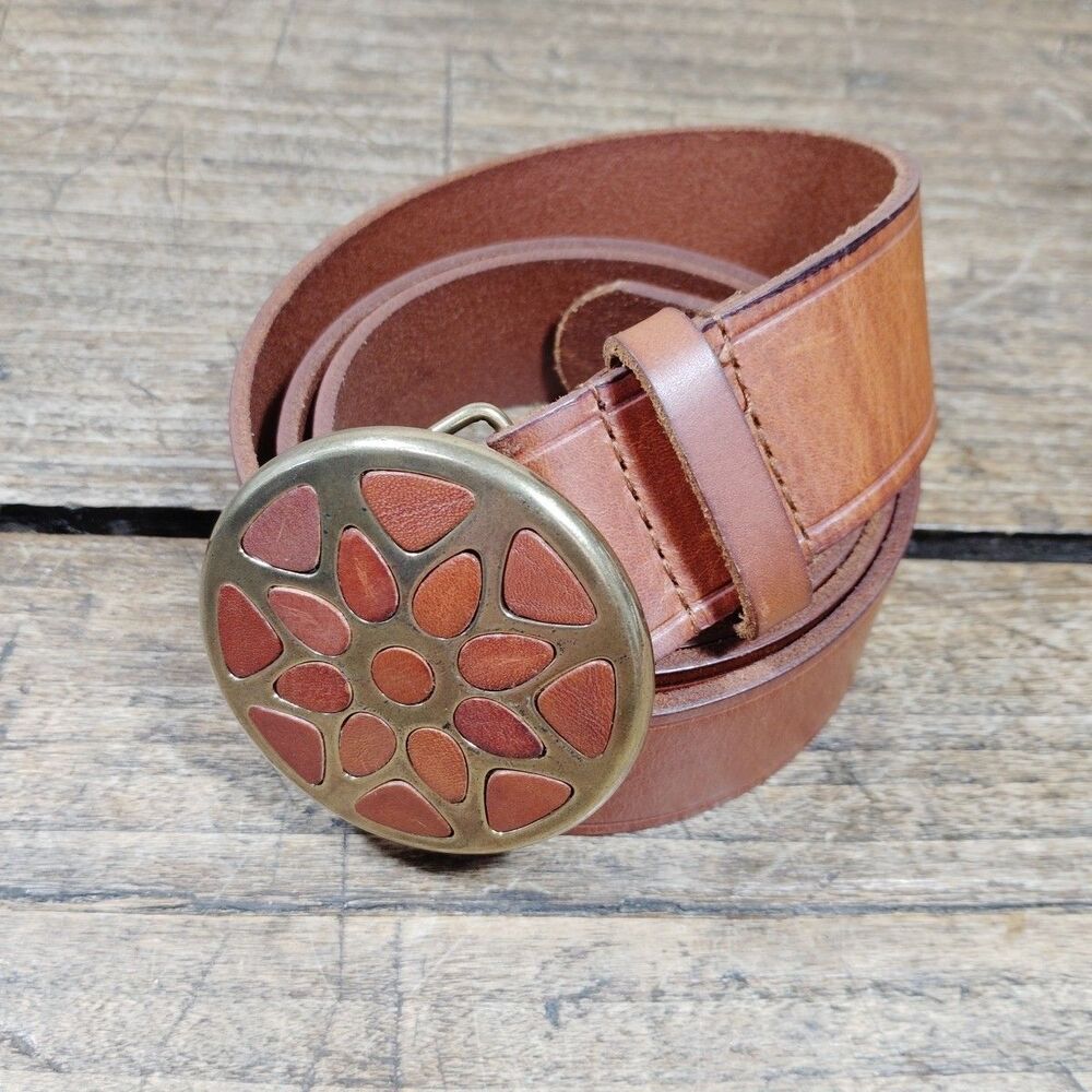 Coldwater Creek Leather Belt XL Buckle Brown Metal Geometric Western Classic